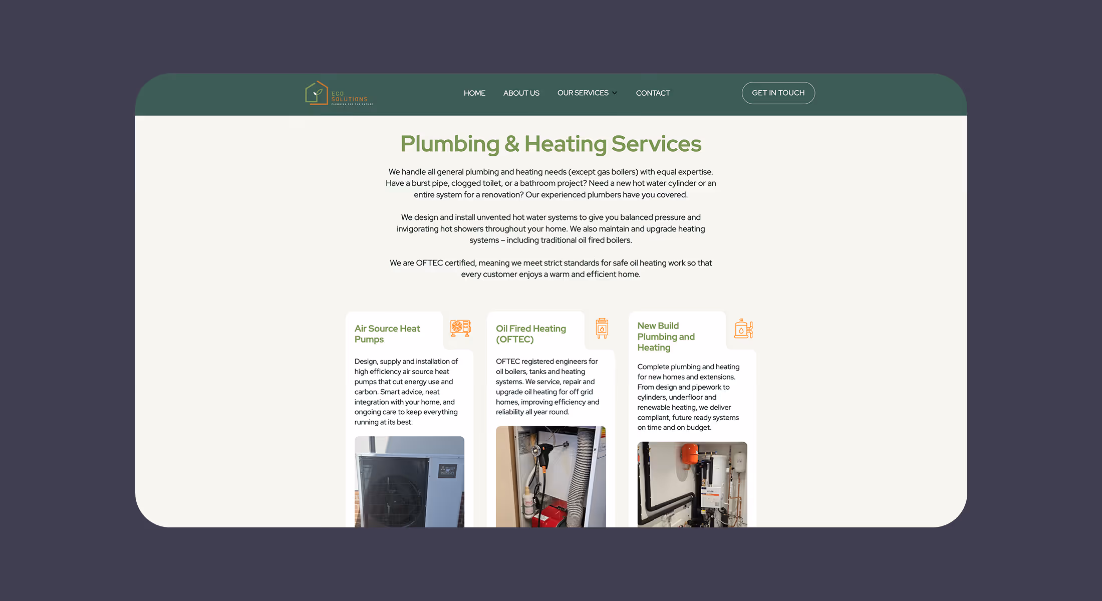 Eco Solutions website page describing plumbing and heating services