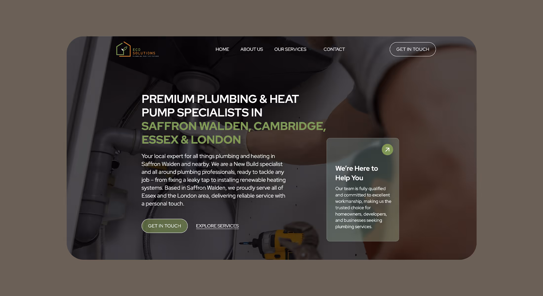 Eco Solutions website hero for plumbing and heat pump work in Saffron Walden