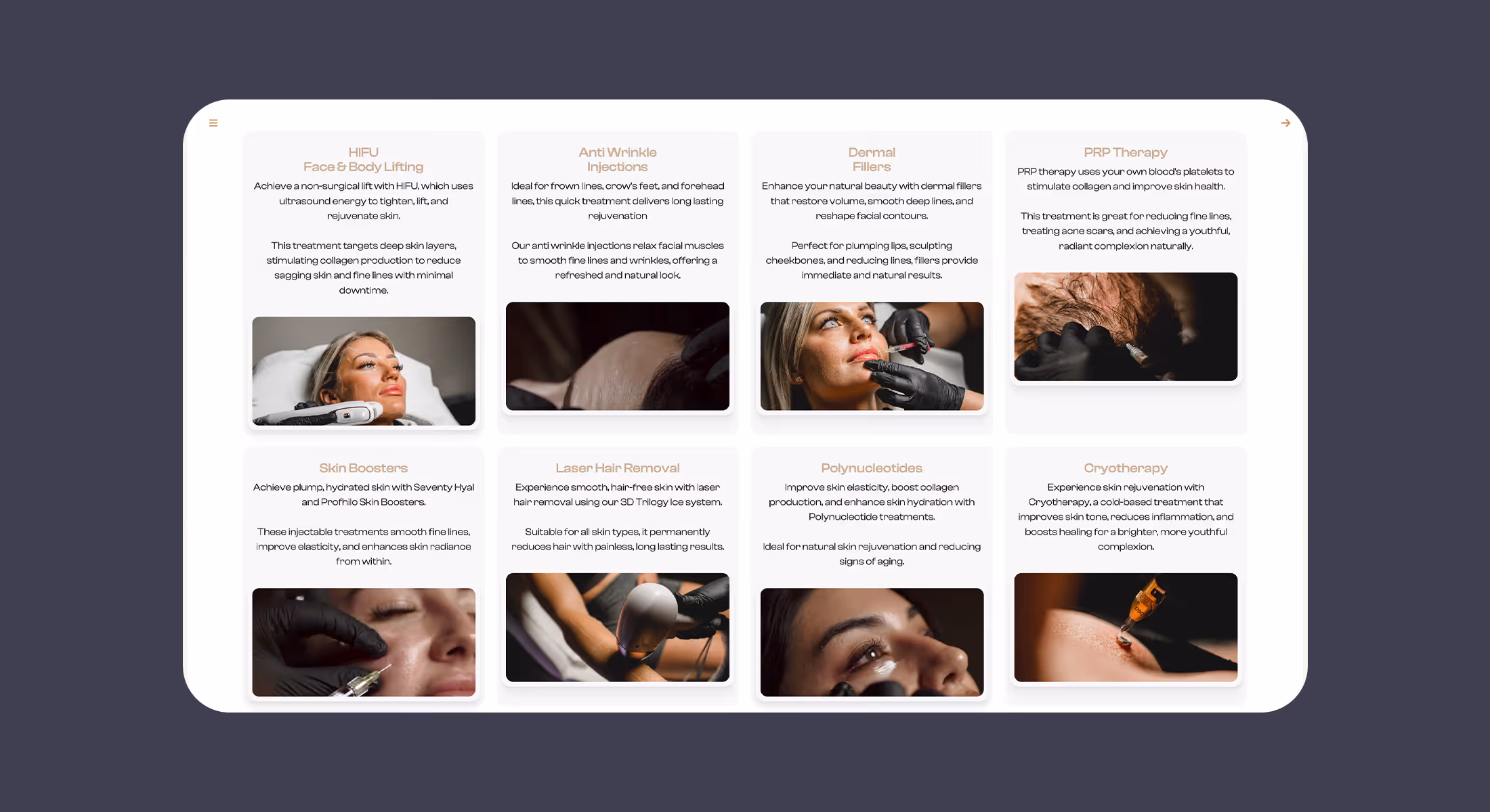 Hannah's Medical Aesthetics website page listing facial and skin treatments