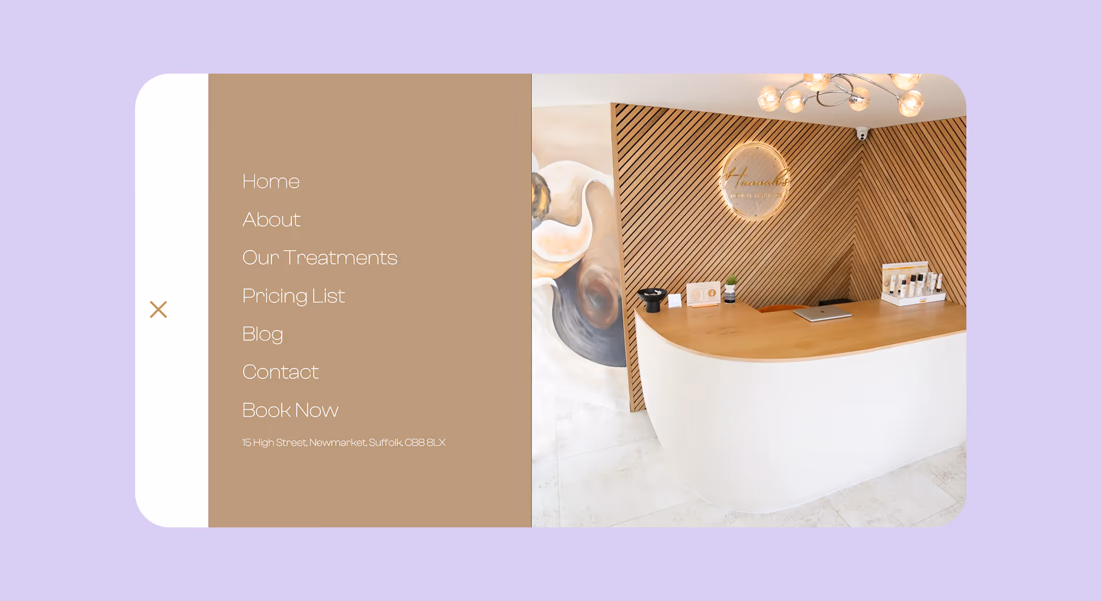 Hannah's Medical Aesthetics website menu beside a photo of the clinic reception