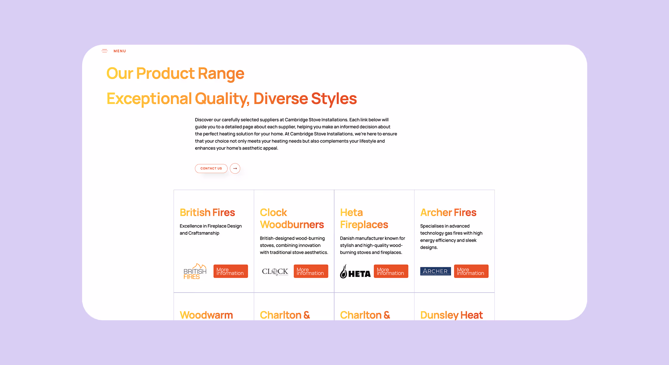 Cambridge Stove Installations website product range page listing stove suppliers