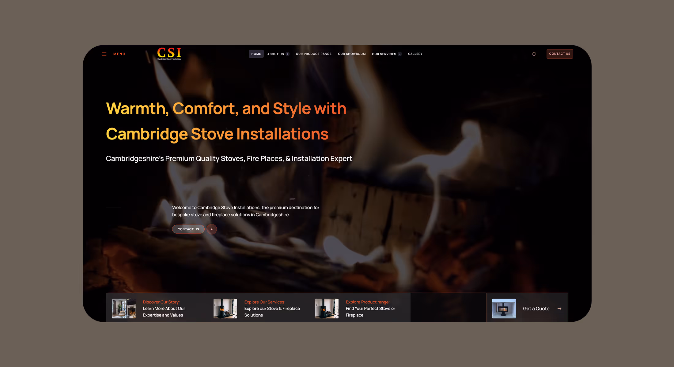 Cambridge Stove Installations website homepage with flames behind the headline