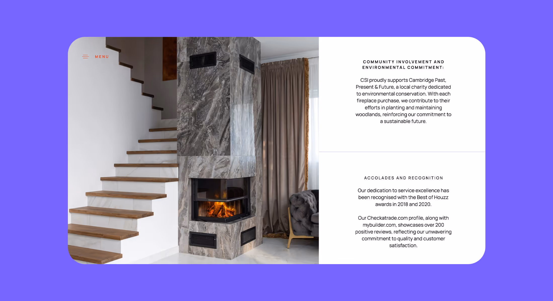 Cambridge Stove Installations website page with a marble fireplace beside a staircase