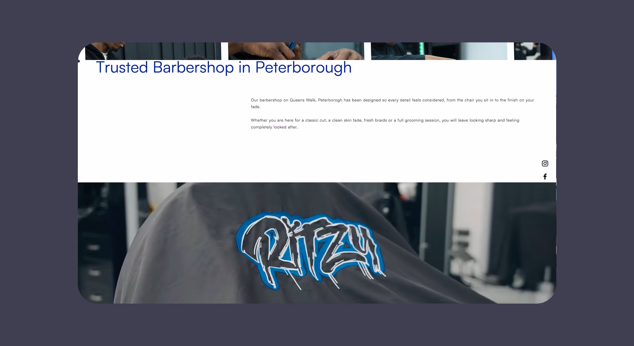 Ritzy Barbers website section describing the trusted barbershop in Peterborough