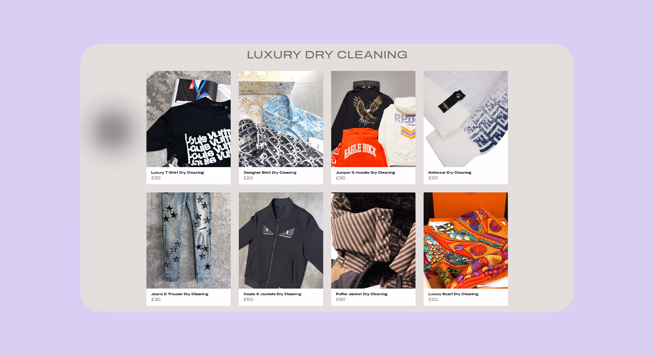 AV Cleans website page listing luxury dry cleaning for designer clothing