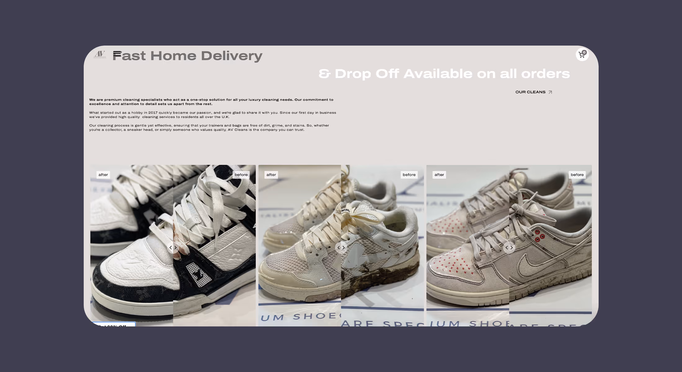 AV Cleans website page showing before and after trainer cleaning photos