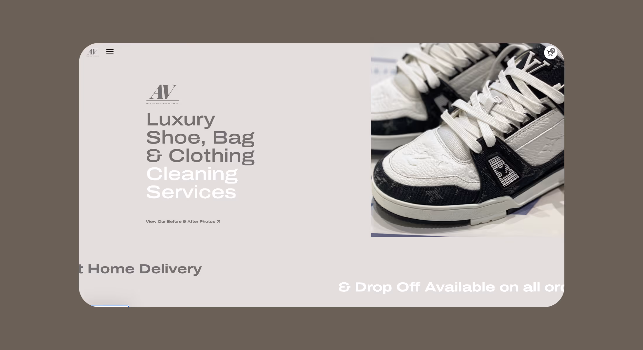 AV Cleans website hero for luxury shoe, bag and clothing cleaning services