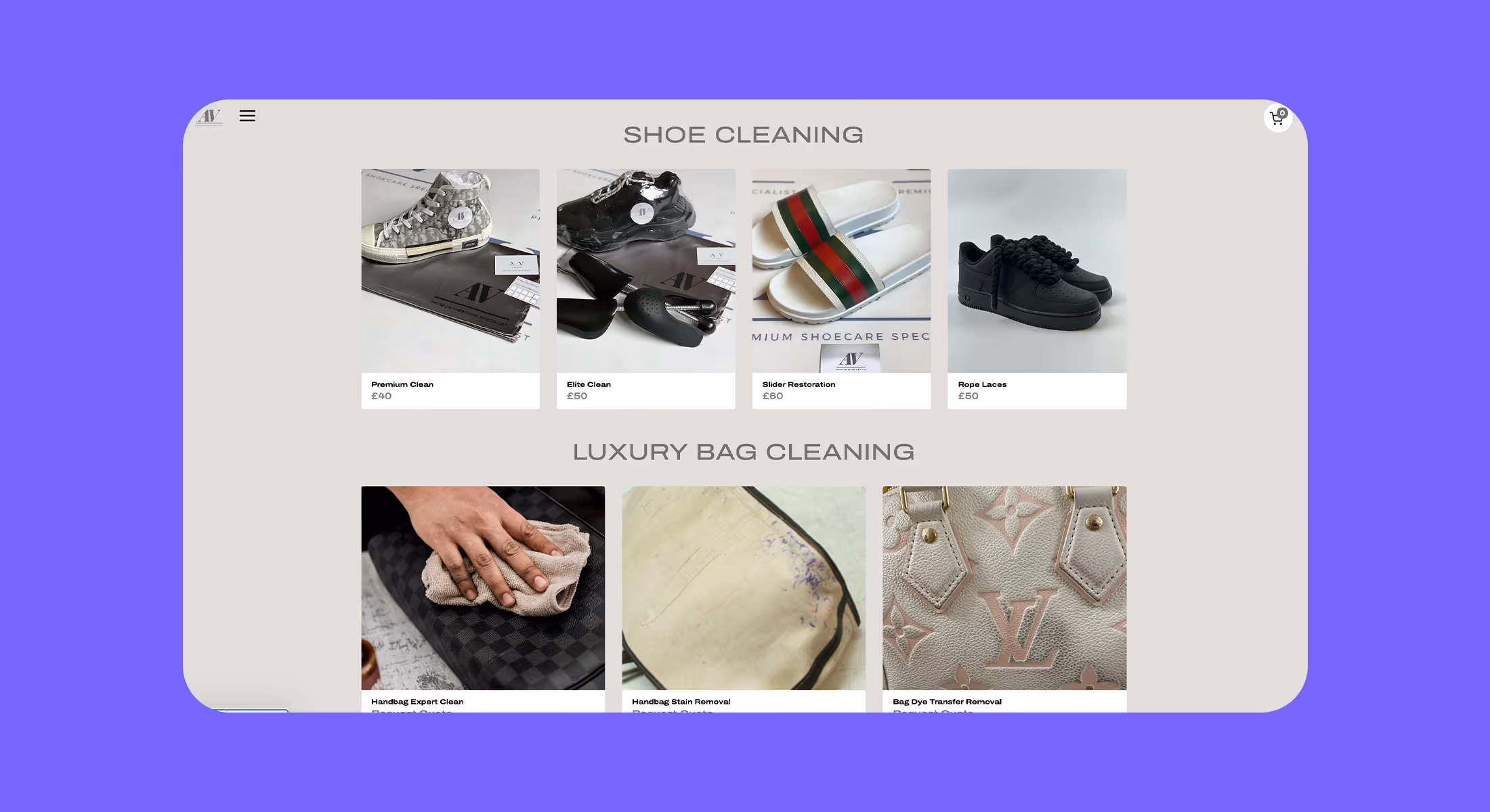AV Cleans website page listing shoe cleaning and luxury bag cleaning services