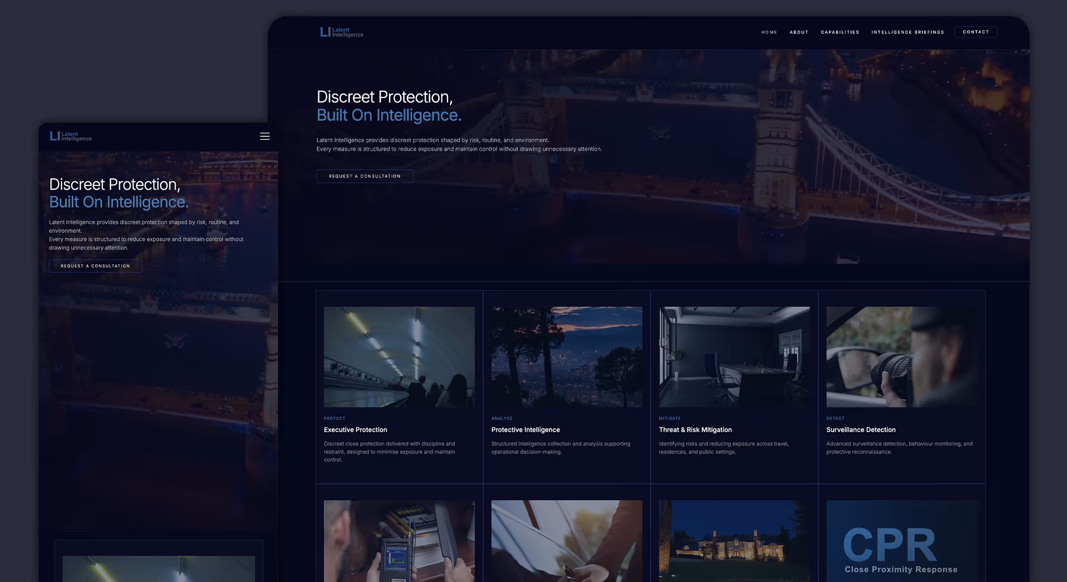 Webflow website design for Latent Intelligence showing discreet protection services