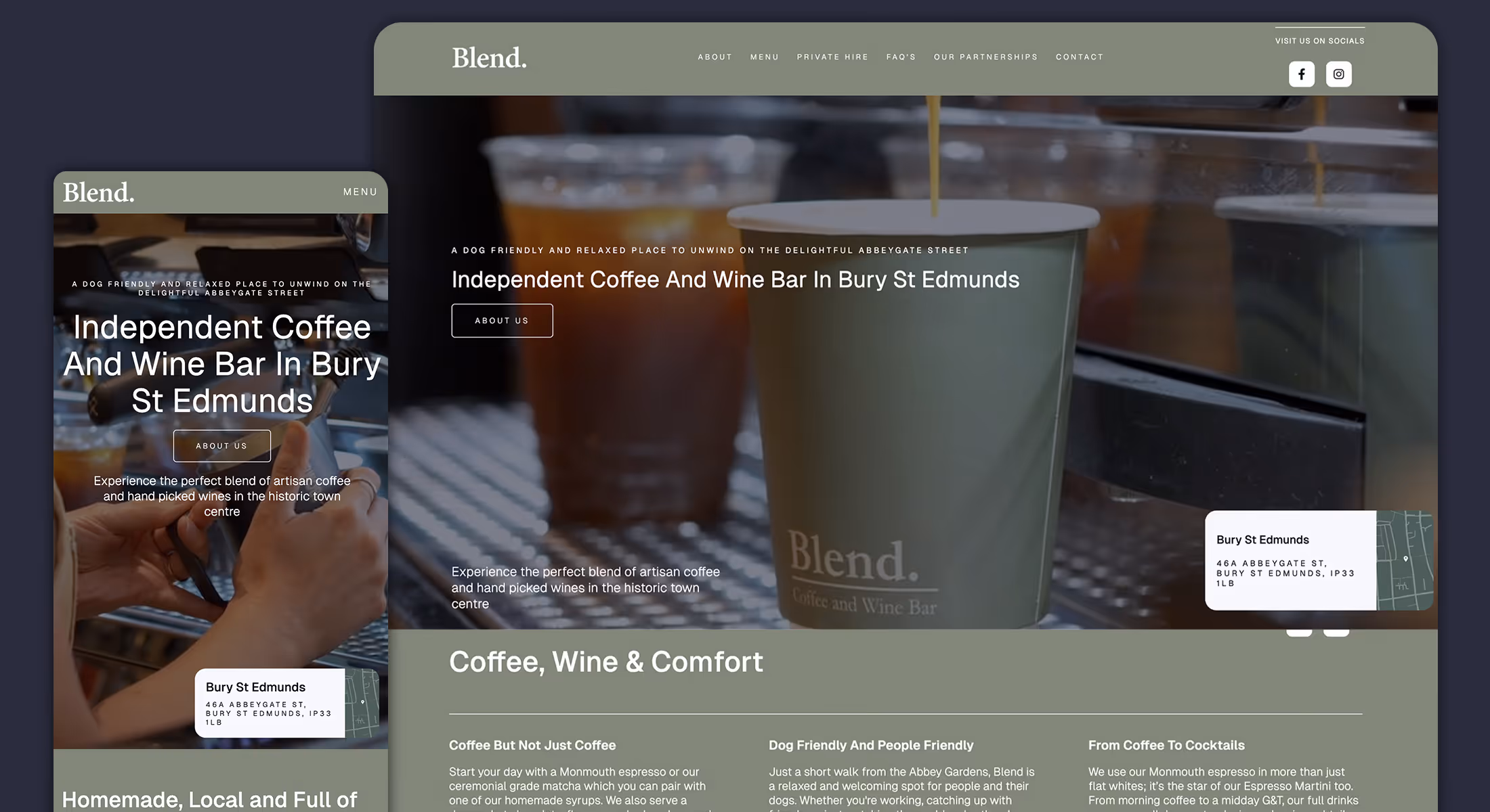 Webflow website design for Blend, an independent coffee and wine bar in Bury St Edmunds