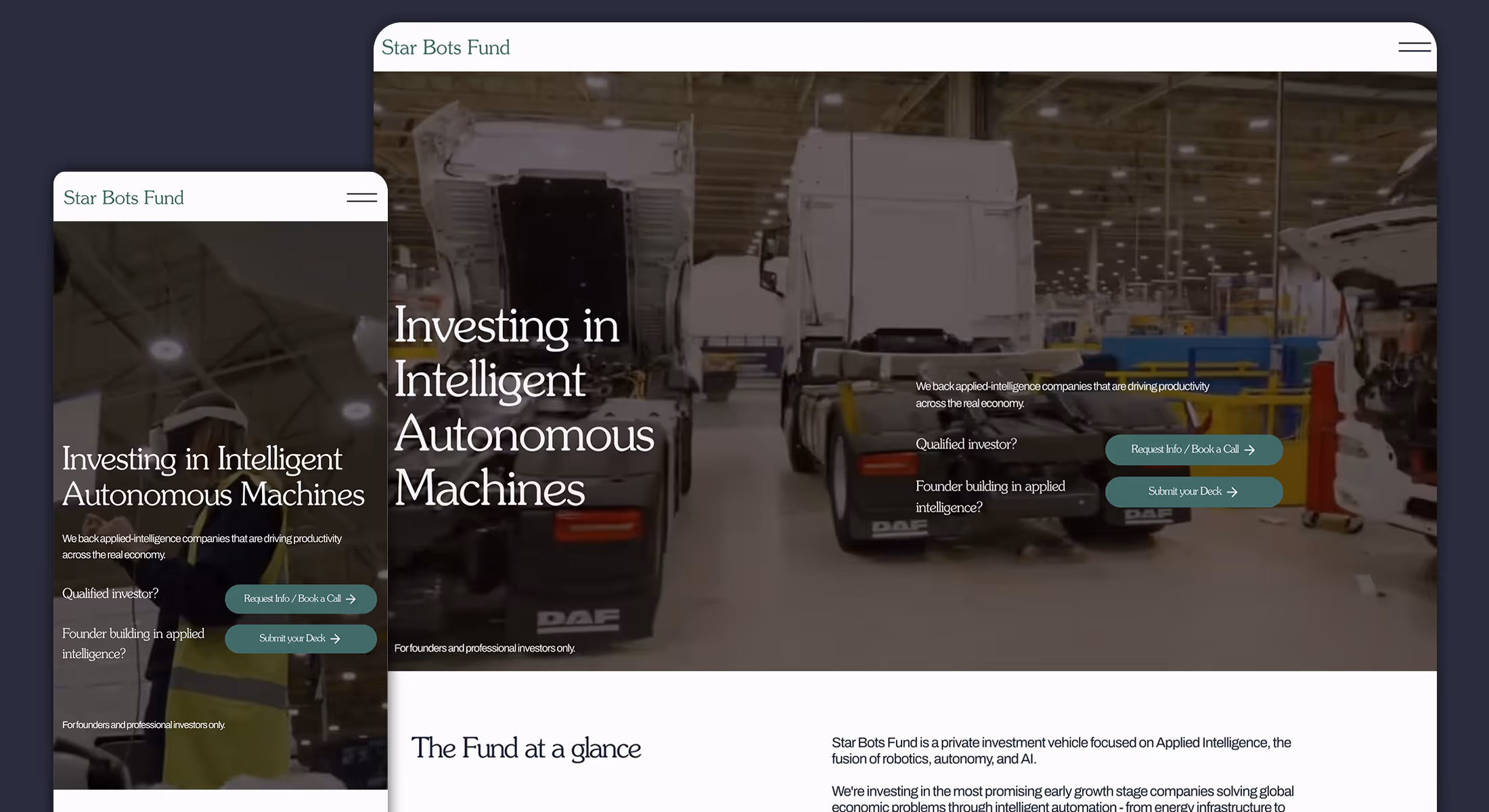 Webflow website design for Star Bots Fund showing investment in intelligent autonomous machines