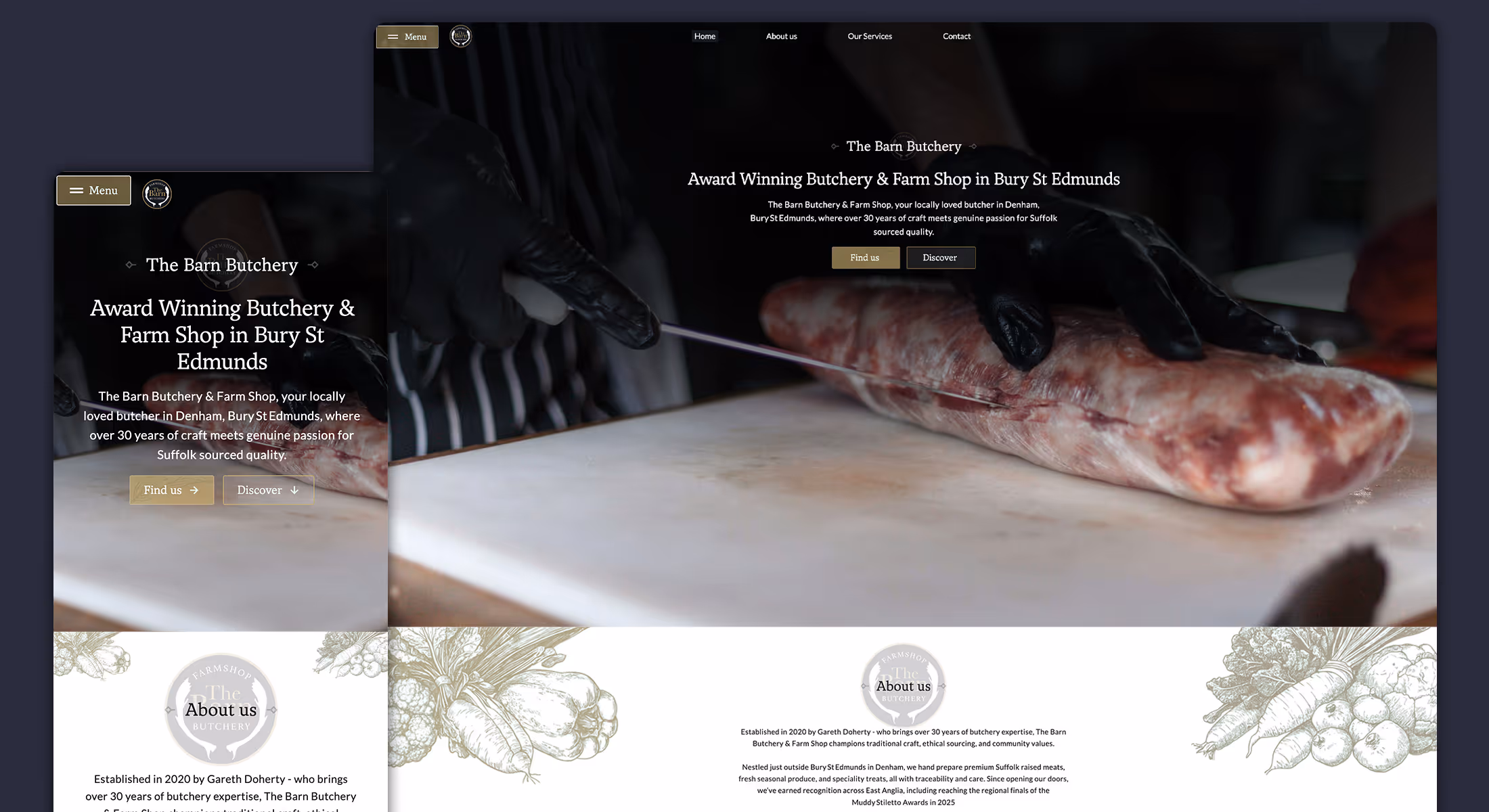 Webflow website design for The Barn Butchery showing its Bury St Edmunds farm shop homepage