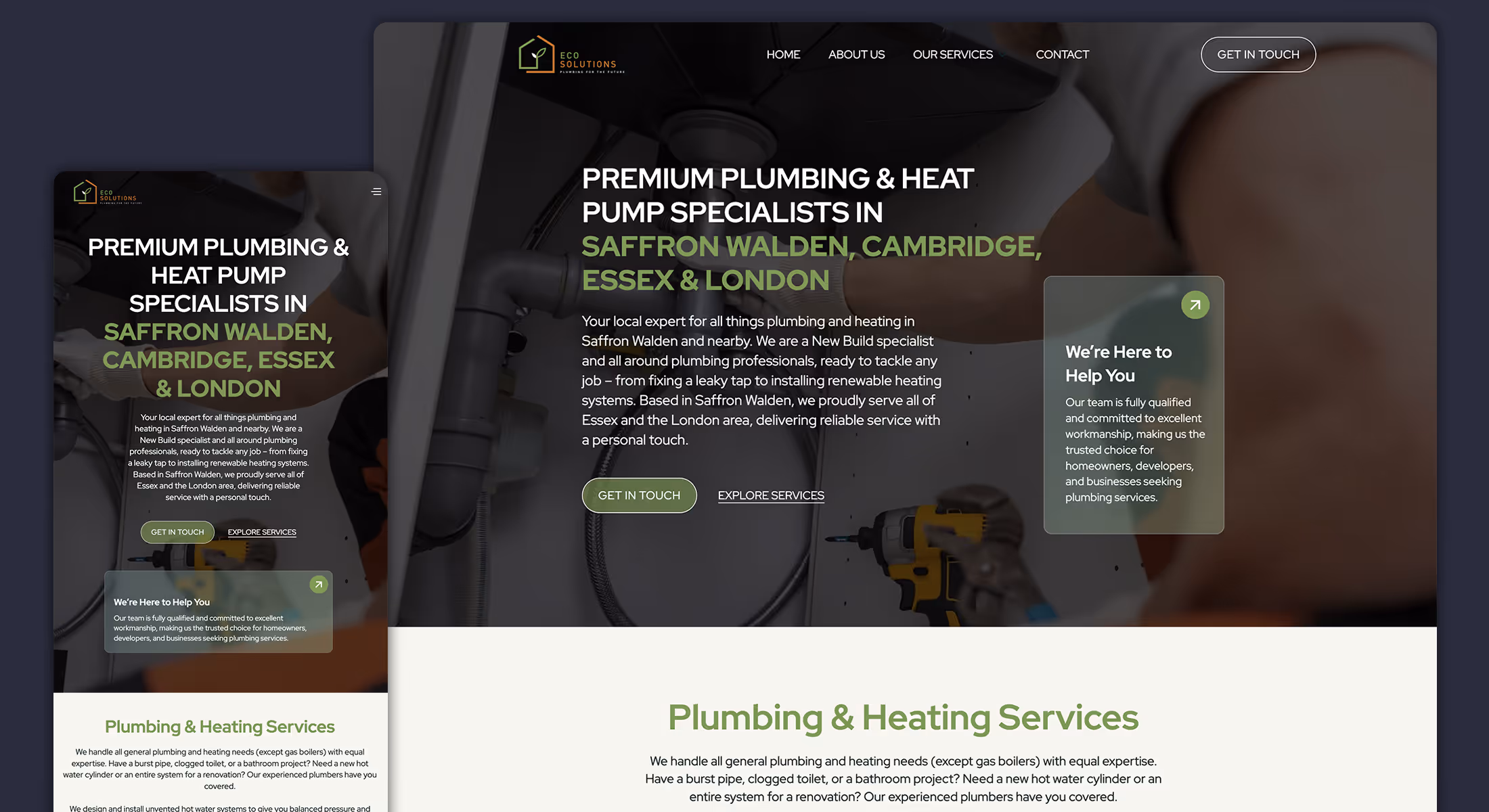 Webflow website design for Eco Solutions showing plumbing and heat pump services in Saffron Walden