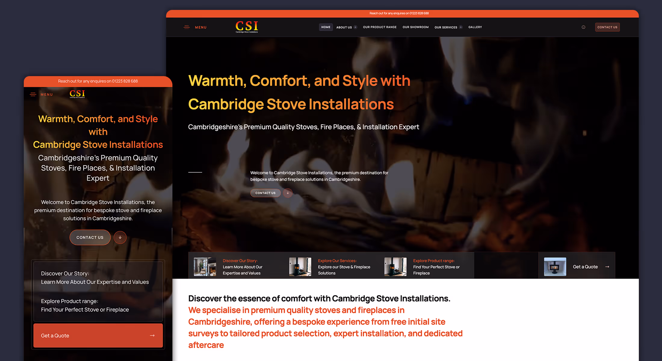 Webflow website design for Cambridge Stove Installations showing stoves and fireplaces