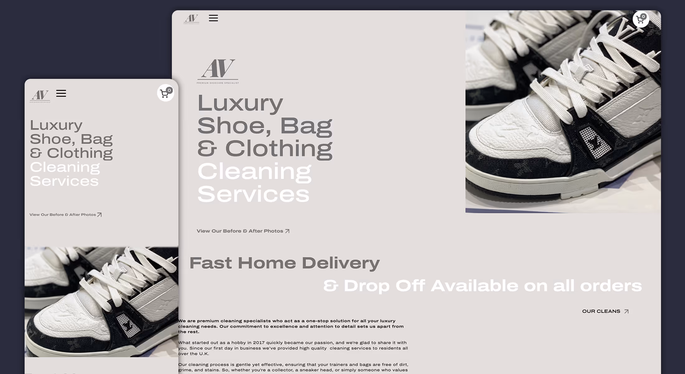 Webflow website design for AV Cleans showing luxury shoe, bag and clothing cleaning services