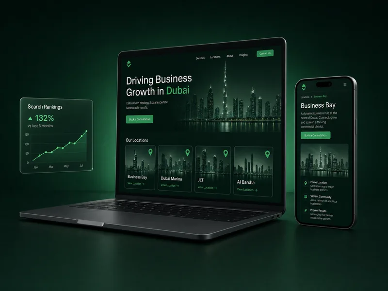 Laptop and phone showing a business website with its own pages for Business Bay, Dubai Marina, JLT and Al Barsha