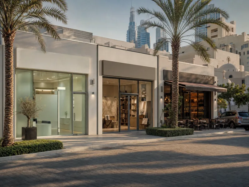 Clinic, fit out showroom and restaurant side by side on a Dubai street at golden hour