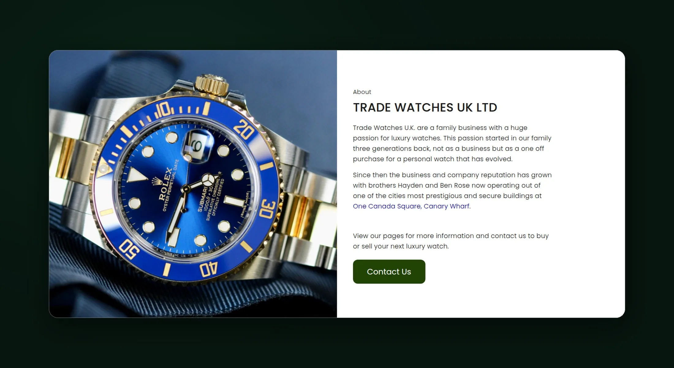 Trade Watches UK website about section with a Rolex Submariner