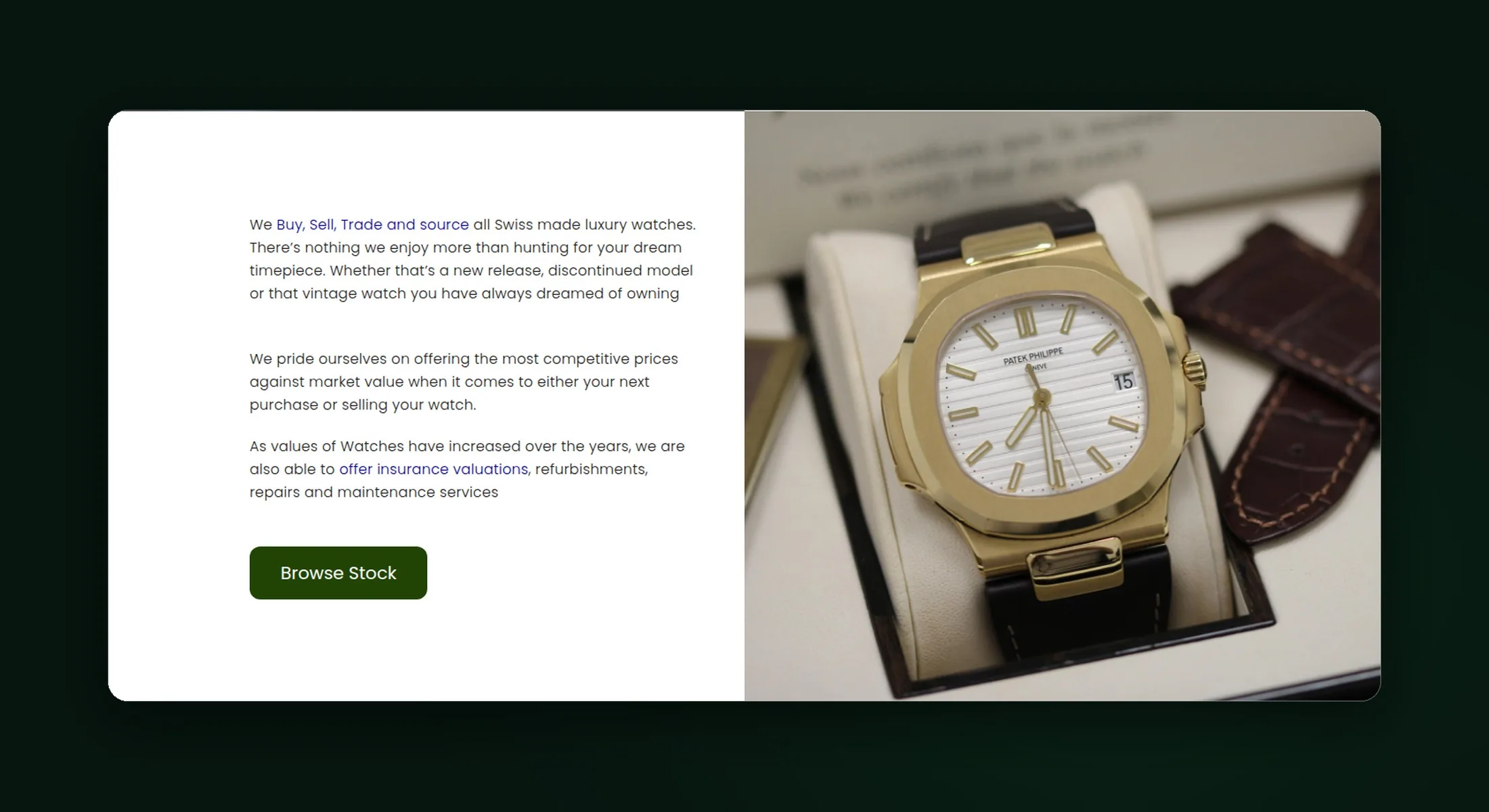 Trade Watches UK homepage section on buying, selling and sourcing Swiss watches