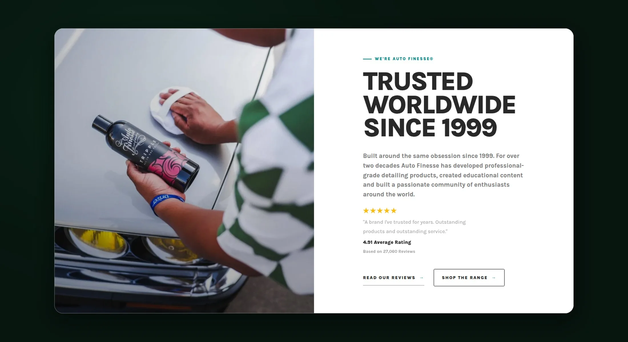 Auto Finesse website section on the brand making car care products since 1999