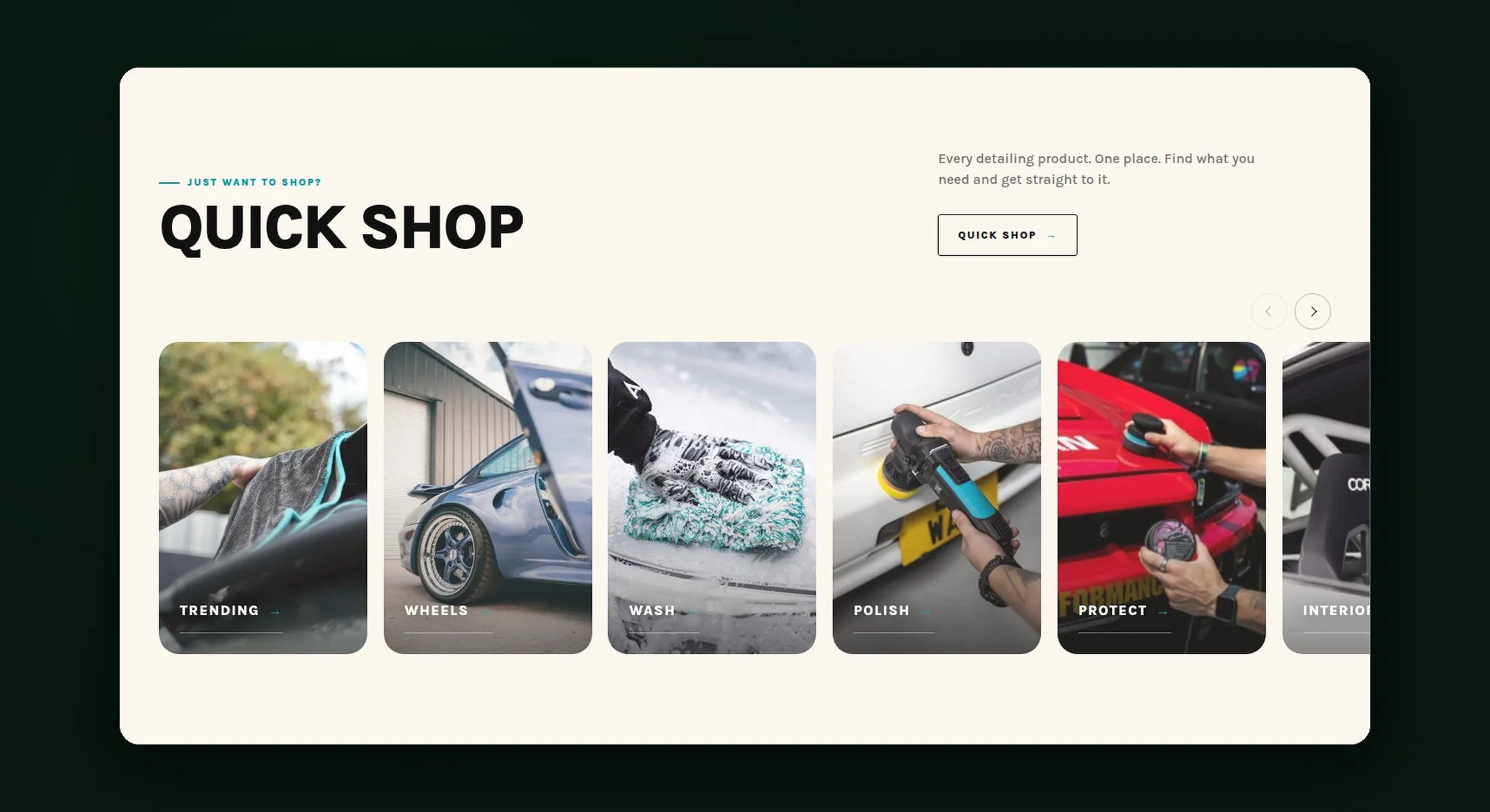 Auto Finesse quick shop with wash, wheels, polish and protect categories