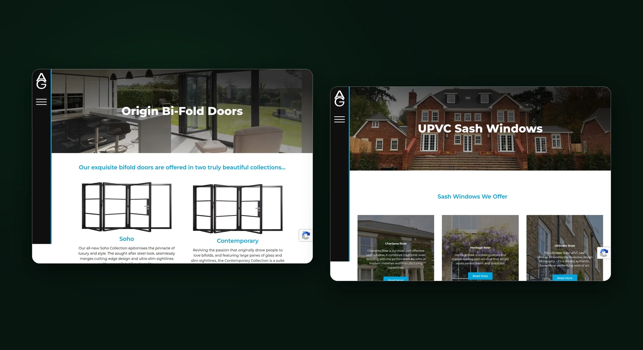 Associated Glass Origin bifold doors and uPVC sash windows pages side by side
