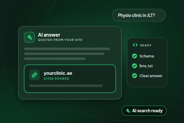 Illustration of an AI search answer quoting a clinic website as its source, with schema, llms.txt and a clear answer ticked off