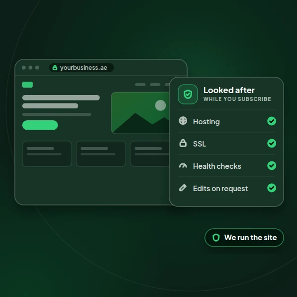 Illustration of a business website with a panel showing hosting, SSL, health checks and edits on request all looked after