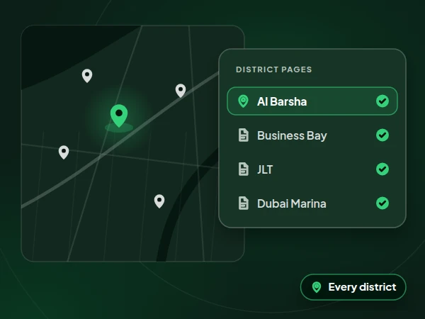 Illustration of a Dubai map with pins and a list of district pages for Al Barsha, Business Bay, JLT and Dubai Marina