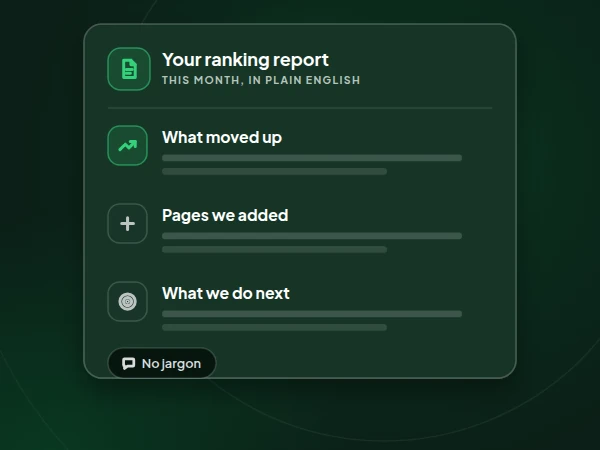 Illustration of a ranking report written in plain English: what moved up, the pages we added and what we do next