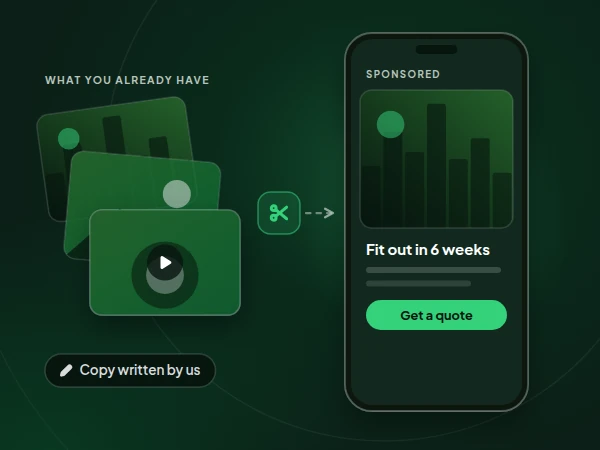 Illustration of existing photos and clips being cut into a sponsored ad on a phone, with the ad copy written for you