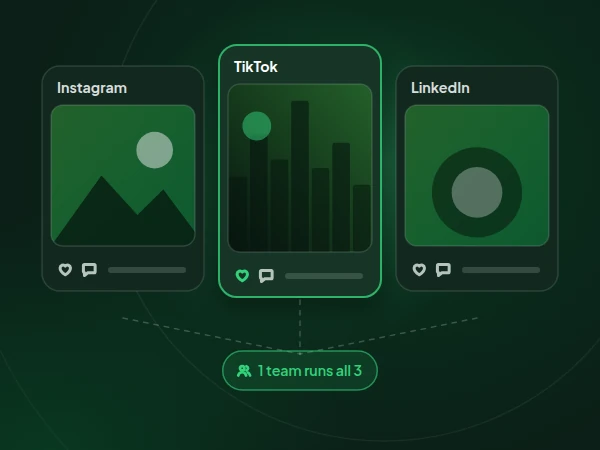 Illustration of Instagram, TikTok and LinkedIn posts all run by one team