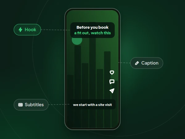 Illustration of a reel on a phone with an on screen hook, a caption and subtitles