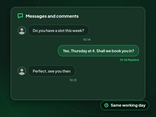Illustration of a message thread where a customer question is answered within minutes on the same working day