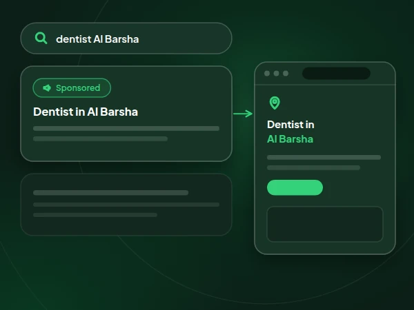 Illustration of a sponsored search ad for a dentist in Al Barsha that lands on the district page built to rank for that search