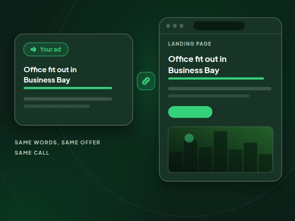 Illustration of an ad and its landing page carrying the same headline, office fit out in Business Bay