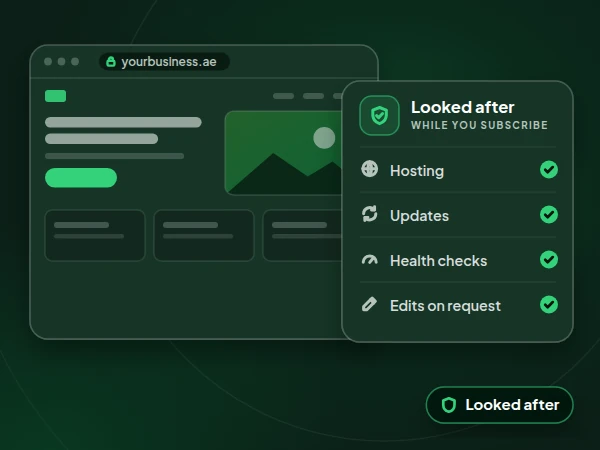 Illustration of a Webflow website with a panel showing hosting, updates, health checks and edits on request looked after while you subscribe