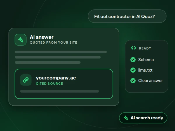 Illustration of an AI search answer quoting a fit out contractor website, with schema, llms.txt and a clear answer in place