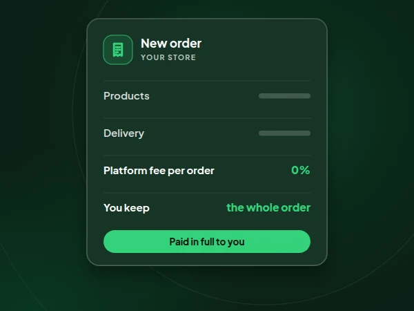 Illustration of an order receipt showing a 0% platform fee, so the business keeps the whole order