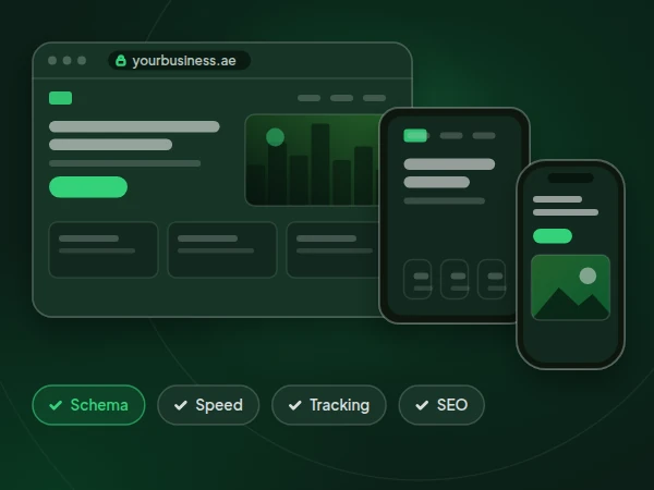 Illustration of the same website on desktop, tablet and phone, with schema, speed, tracking and SEO ticked