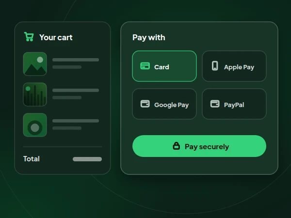 Illustration of a checkout offering card, Apple Pay, Google Pay and PayPal