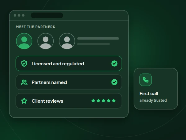 Illustration of a firm profile with the partners, licence details and client reviews visible before the first call