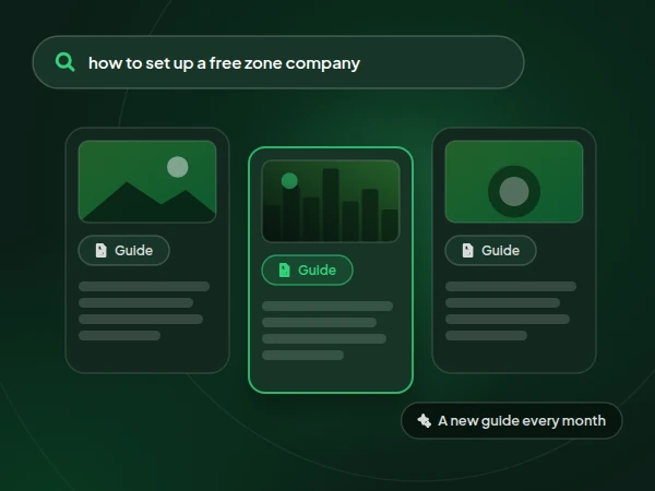 Illustration of a search for how to set up a free zone company answered by a set of guide articles