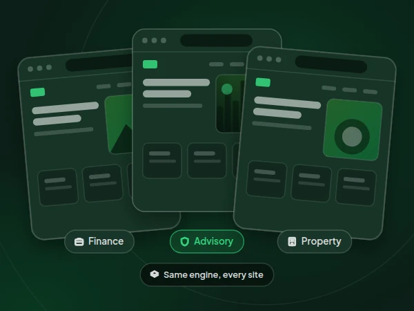Illustration of three websites for finance, advisory and property firms built on the same engine