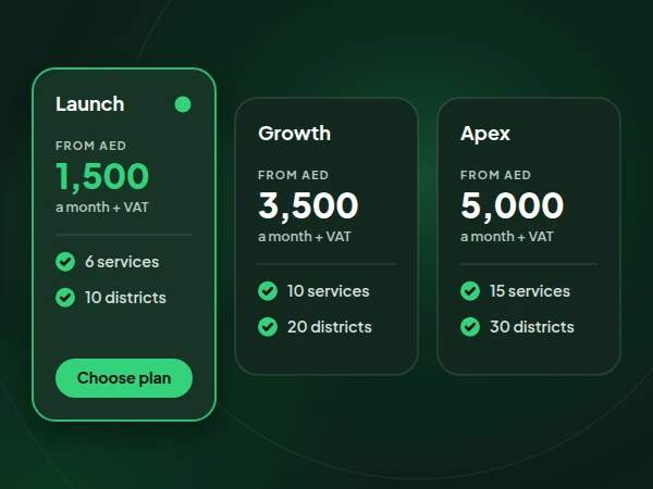 Illustration: a single property starts on Launch, from AED 1,500 a month + VAT