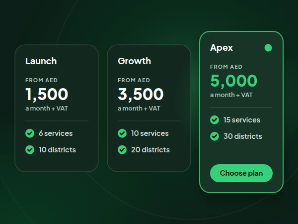 Illustration: Apex from AED 5,000 a month + VAT for 15 services across 30 districts