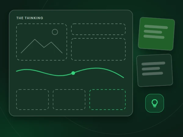 Illustration of a planning board with sketched page layouts, notes and an idea before any tool is opened