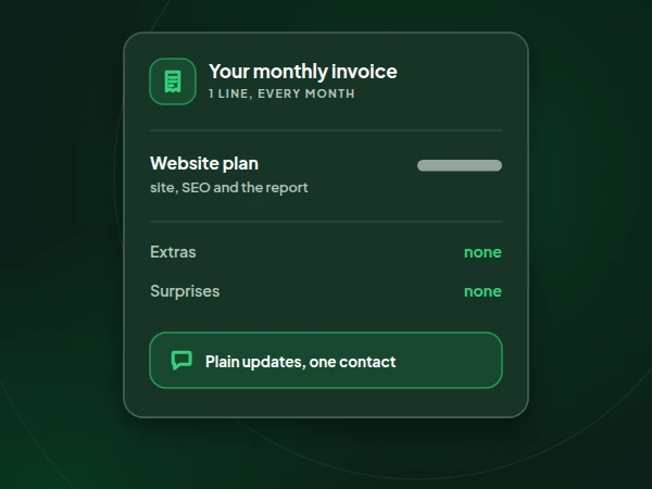 Illustration of a monthly invoice with a single line for the website plan, no extras and no surprises
