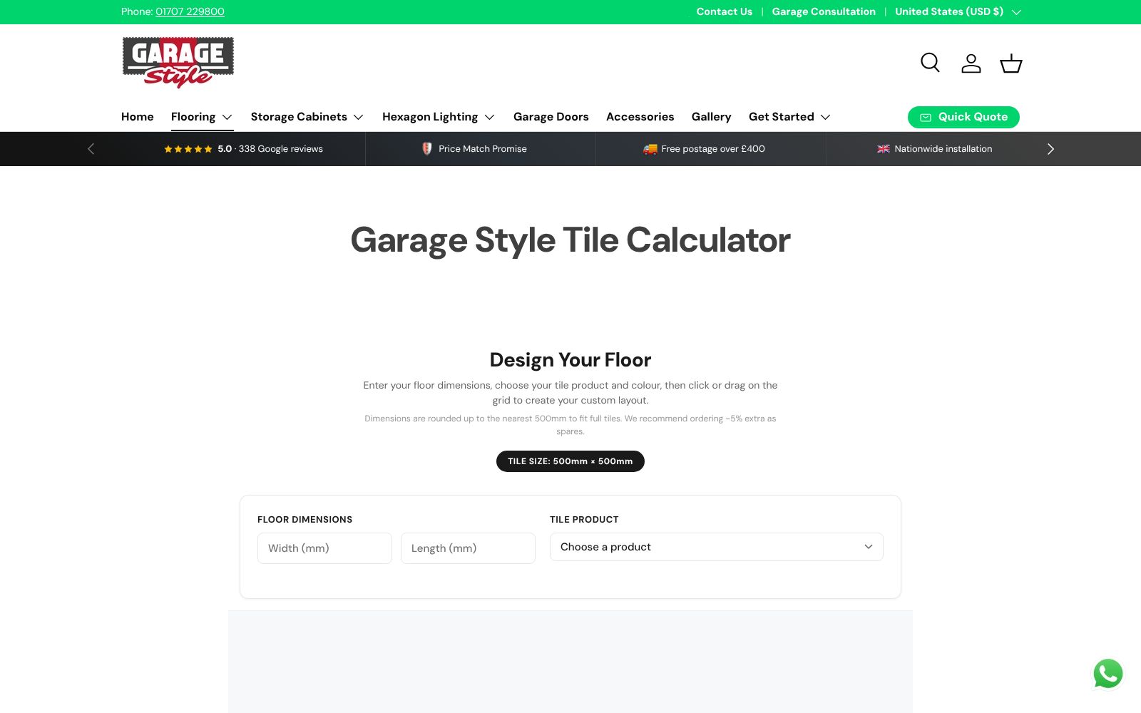 Garage Style tile calculator with floor dimensions and tile product choice