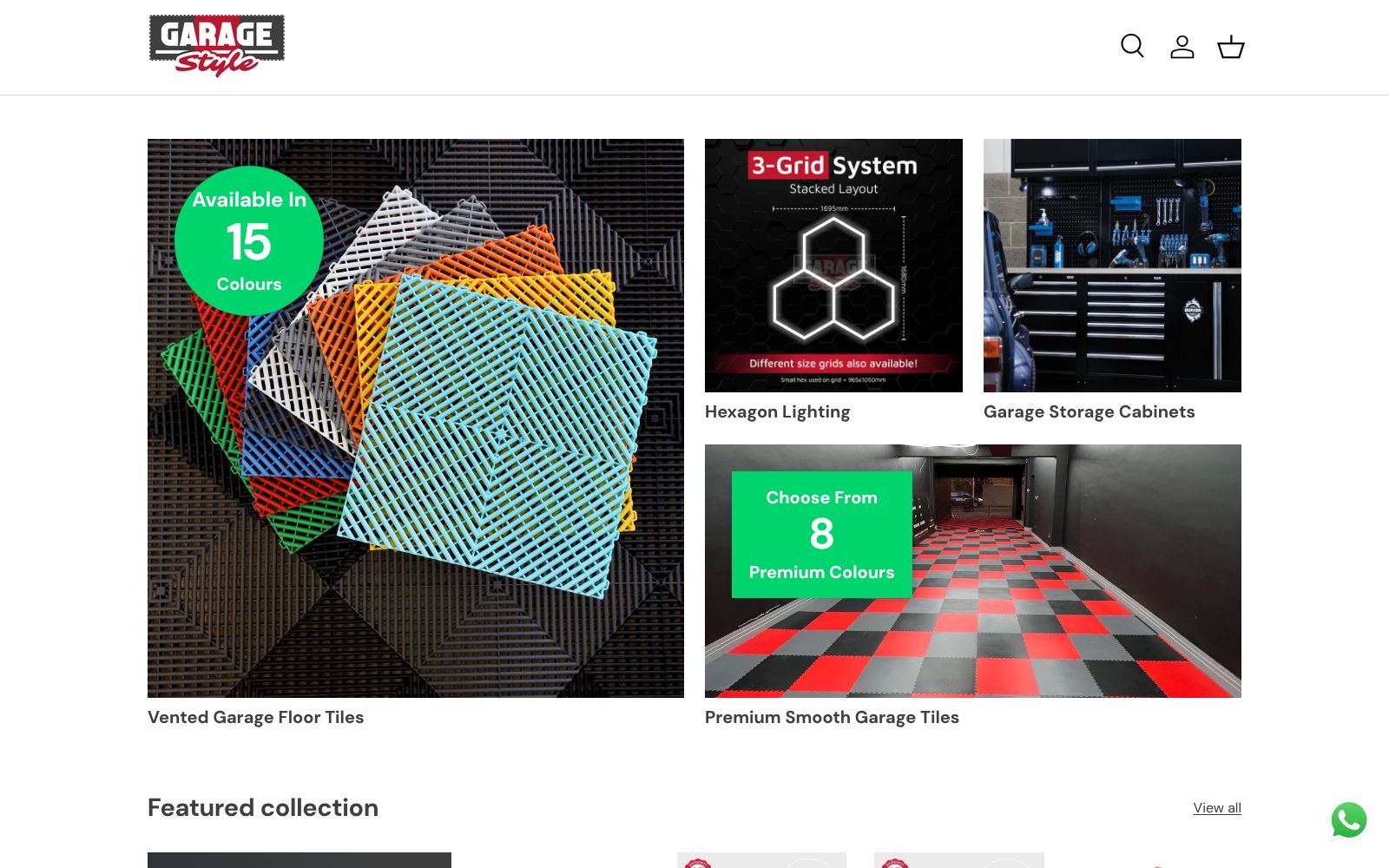 Garage Style homepage showing vented tile colours, hexagon lighting, storage cabinets and smooth garage tiles